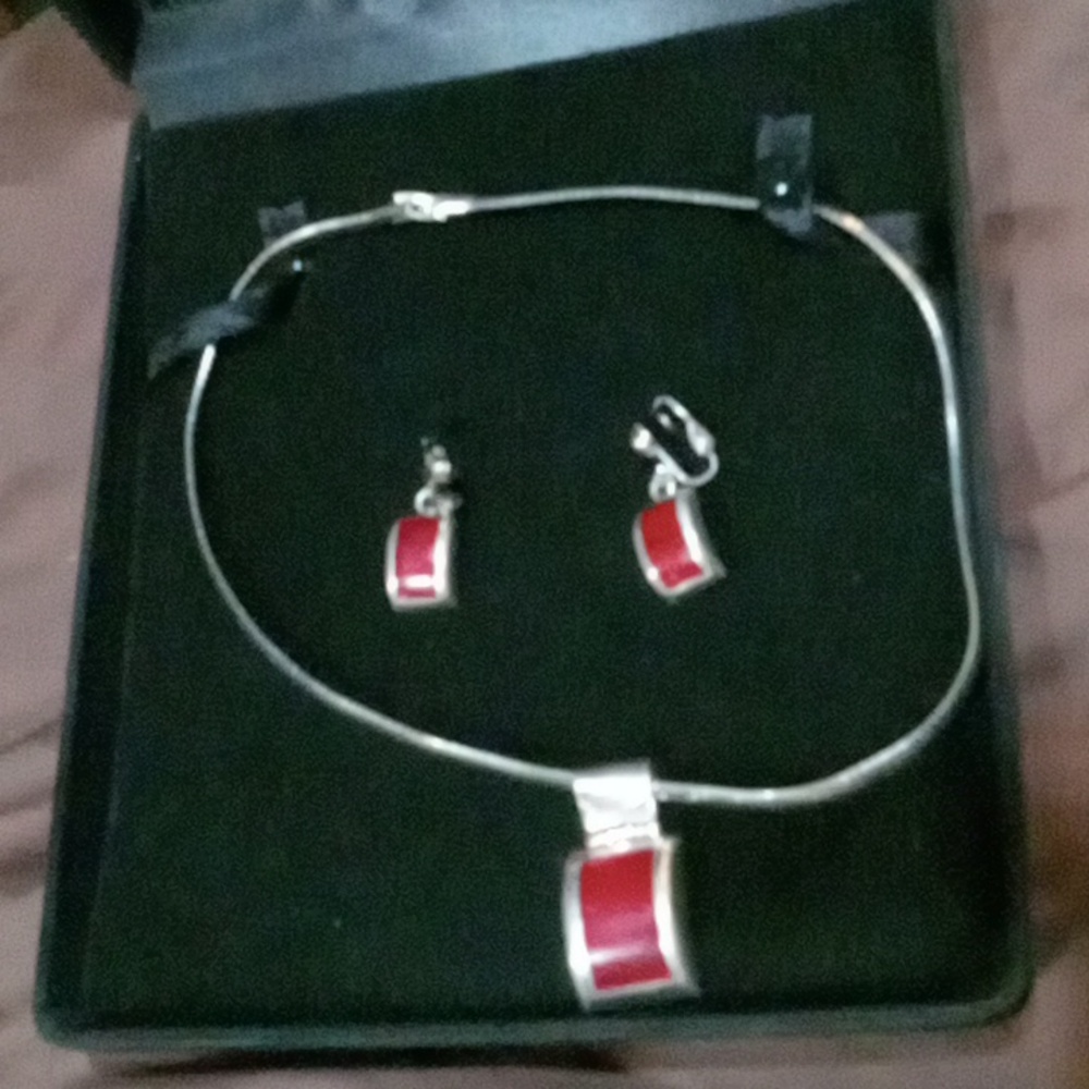 Sterling silver and red jasper set of clip-on earrings, and necklace .